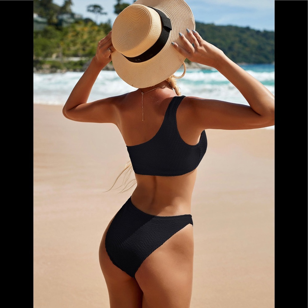 One shoulder two piece high waist bikini swimsuit.
